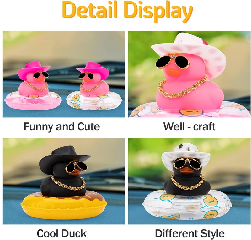 wonuu Car Dashboard Decorations Rubber Duck Accessories with Swim Ring, Sunglasses, Hat and Necklace, Pink Cowboy Duck - Image 2
